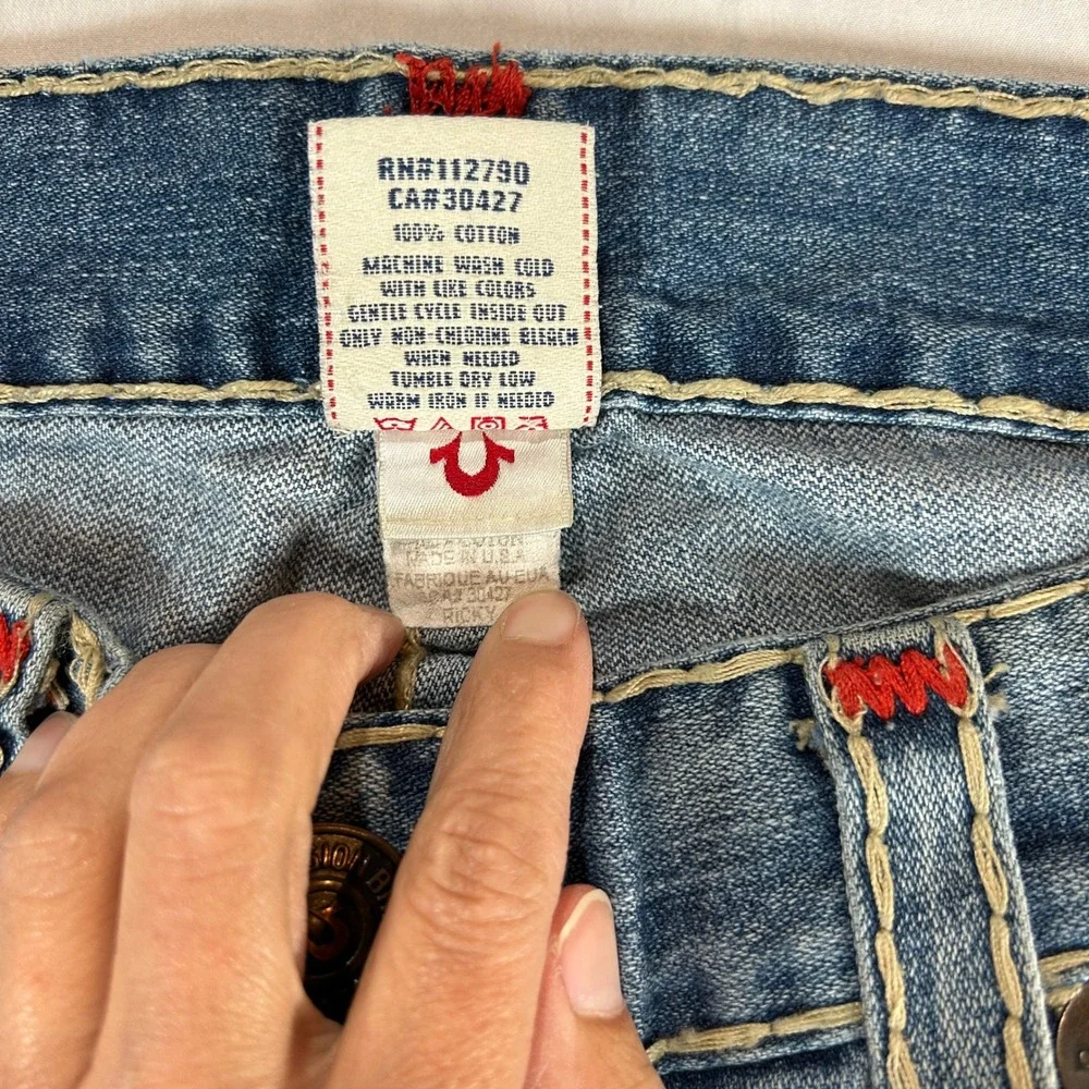 True Religion Ricky Super T Mens 40 Blue Jean Red Thick Stitch Straight Made USA